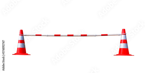 Two red and white traffic cones with adjustable barrier bar on transparent background, png file