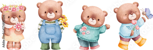 Watercolor Illustration set of cute teddy bear in spring season