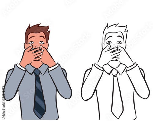  Businessman covers mouth with hands. Young man in cartoon style looks scared and is afraid to speak. Flat vector illustration isolated in white background.