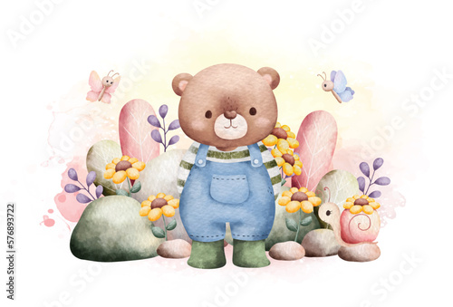 Watercolor Illustration Spring Teddy bear in the garden