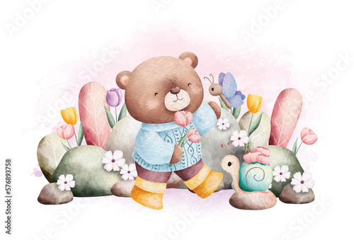 Watercolor Illustration Spring Teddy bear in the garden