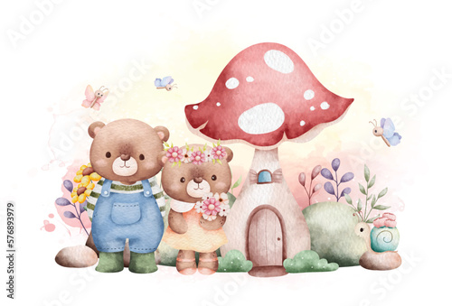 Watercolor Illustration Spring Teddy bear in the garden © Stella