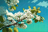 White flowers of the cherry tree against a clear blue sky. Generative AI