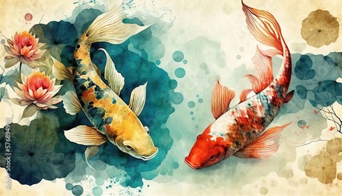 4K resolution or higher, koi fish decorate in water color texture. Generative AI Technology