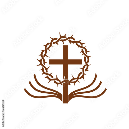 Christianity religion symbol. Cross, Bible and crown of thorns. Catholic christian church, evangelism commune or baptism confession vector emblem or simple sign, religion and faith symbol or icon