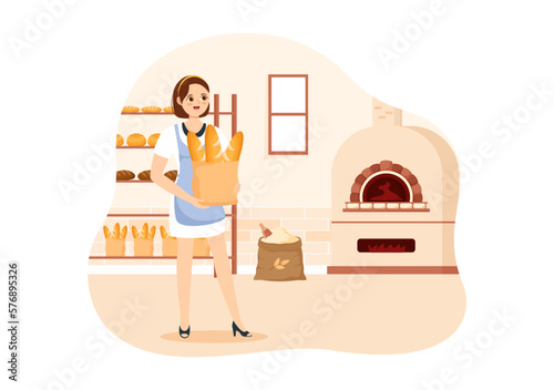 Bread Mill Illustration with Wheat Sacks, Various Breads and Windmill for Web Banner or Landing Page in Flat Cartoon Hand Drawn Templates