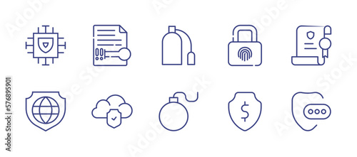Security line icon set. Editable stroke. Vector illustration. Containing chip, locked, padlock, lock, certificate, protection, cloud computing, shield.