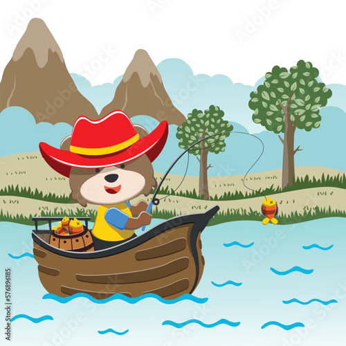 Vector cartoon illustration of cute bear fishing on sailboat with cartoon style. Can be used for t-shirt print, kids wear fashion design, fabric textile, nursery wallpaper and poster. © Hijaznahwani