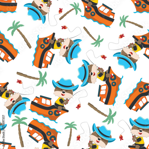 Seamless pattern of funny bear on little boat with cartoon style. Can be used for t-shirt printing, children wear fashion designs, baby shower invitation cards and other decoration.