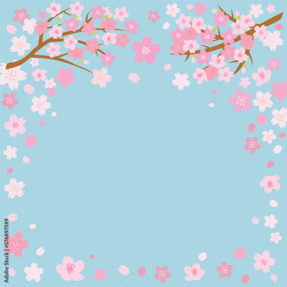 ピンクの桜と青空の背景イラスト　スクエア