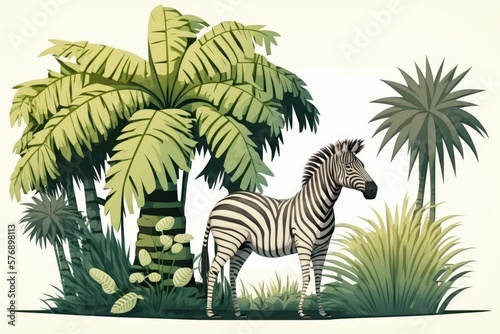 Lovely vintage tropical illustration with palm trees  banana trees  and a zebra. In a solitary setting against a blank white screen. Wild jungle murals. Generative AI