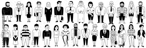 Cute character doodle illustration of many different businesspeople or office workers, multicultural concept, Arabian, african, asian, caucasian, sikhs, indian. Full length. Black and white ink style.