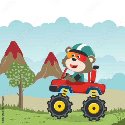 Vector illustration of monster truck with funny animal driver. Can be used for t-shirt print  kids wear fashion design  invitation card. fabric  textile  nursery wallpaper  poster and other decoration