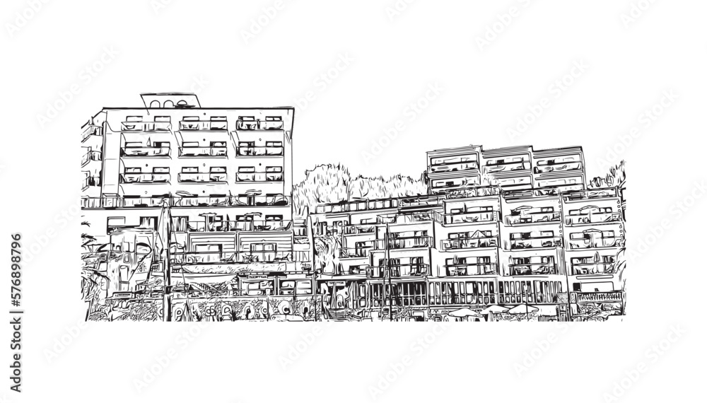 Building view with landmark of Porto Cristo is the 
town in  Spain. Hand drawn sketch illustration in vector.