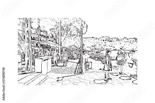 Building view with landmark of Porto Cristo is the town in Spain. Hand drawn sketch illustration in vector.