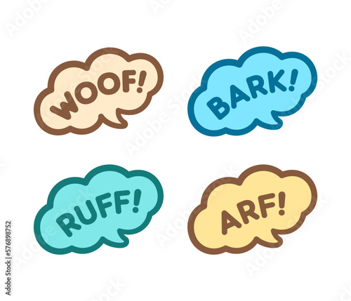 Dog bark animal sound effect text in a speech bubble balloon clipart set. Cute cartoon onomatopoeia comics and lettering.