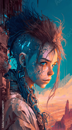 Image of a Futuristic Girl Character with a Shaved Head and a Mohawk Blue Eyes and Jewelry Generative AI