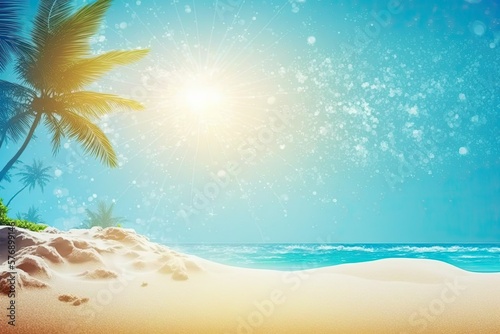 Bokeh sun rays over a tropical beach in the summer, with white sand and blue water in the background and copy space. Generative AI