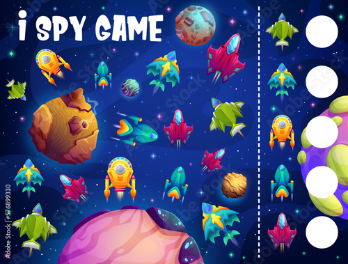I spy game cartoon starship, starcraft and space shuttles. Kids vector riddle with cartoon rockets and ships in cosmos or galaxy. How many spaceships children test, education task for children