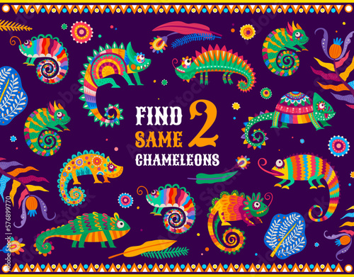 Find two same mexican chameleon lizards kids game worksheet. Vector match the similar pair of tropical reptiles riddle for children. Development puzzle, task or educational family leisure activity