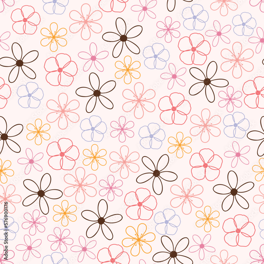 Exquisite floral seamless surface pattern of flowers outlines. Aesthetic flower arrangement. Tileable foliage texture background Exquisite floral seamless surface pattern of flowers outlines. Aesthetic flower arrangement. Tileable foliage texture background