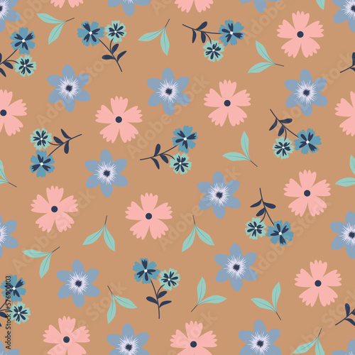 Dainty floral seamless pattern of scandi flowers and leaves. Whimsical flowery arrangement. Exquisite surface pattern tile