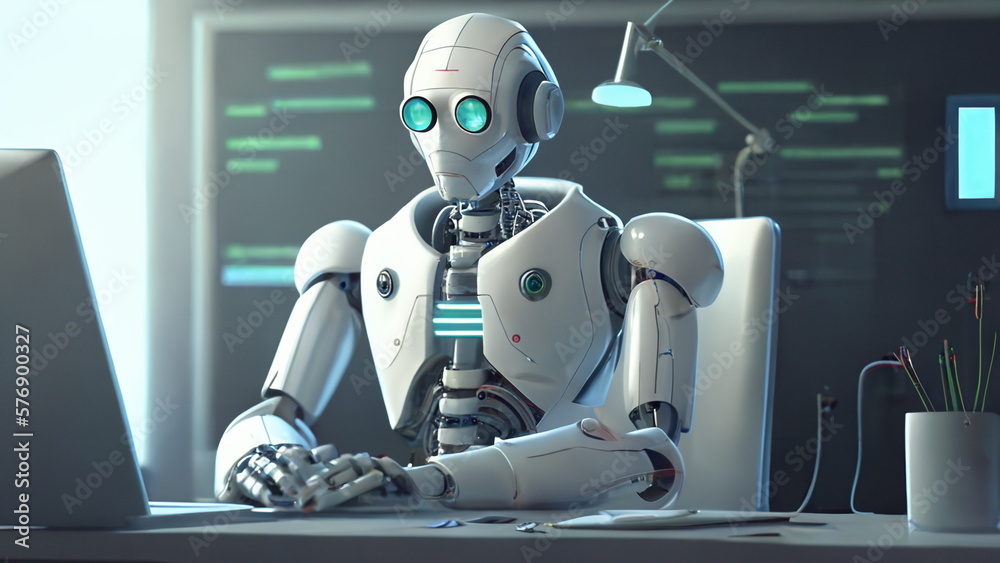 Robot is sitting at the table and working at a laptop with Generative AI Technology.
Robot is sitting at the table and working at a laptop with Generative AI Technology.