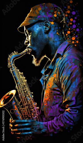 Abstract illustration of an black male musician playing a saxophone. Bright neon colors against a black background.  Created with Generative AI technology.