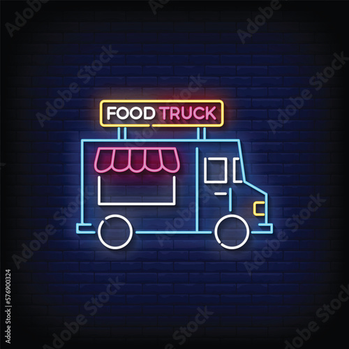 Neon Sign food truck with brick wall background vector