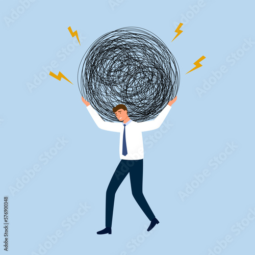 Stress businessman concept vector illustration. Exhausted worker carrying heavy messy line on his back in flat design.