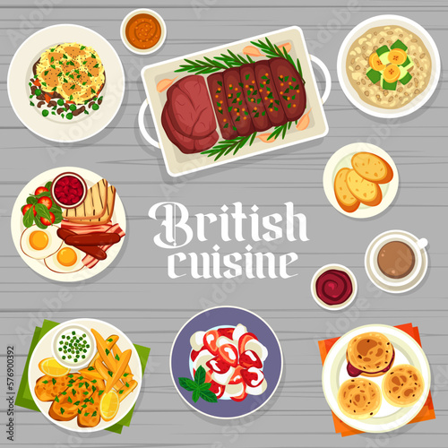 British cuisine restaurant food menu cover. Scones with jam and clotted cream and coffee, oatmeal with fruits, roast beef and shepherds pie, full English breakfast with eggs and bacon, fish and chips