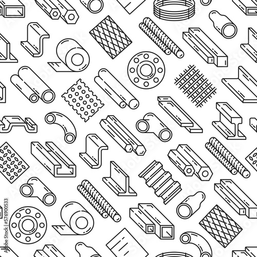 Steel and aluminum rolled metal seamless pattern. Vector repeated background with construction thin line elements pipe, rail, bar, tube or mesh profiles. Tiled backdrop with metallurgy industry items