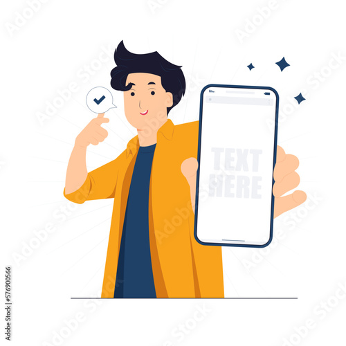 Excited man showing blank empty mobile smart phone with copy space and pointing his index finger on it concept illustration