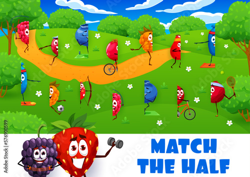Match half of cartoon cheerful berry characters on summer meadow, vector quiz game. Strawberry, raspberry and blueberry with blackberry, picture match puzzle worksheet to find same correct half