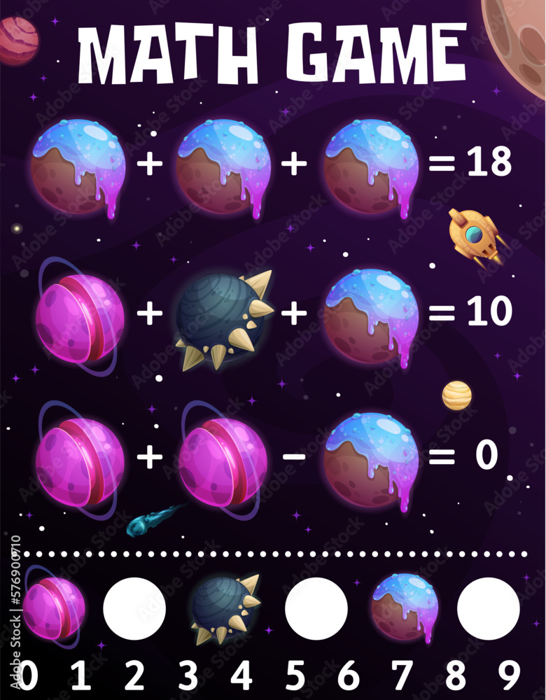 Star In Math Cartoon space planets and stars in galaxy, math game worksheet. Vector ...
