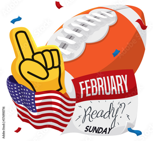 Calendar, American Flag, Football Ball and Glove for Big Game, Vector Illustration