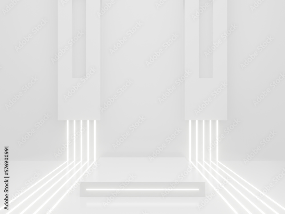 3D White Sci-Fi product display mockup. Scientific background with white neon lights.