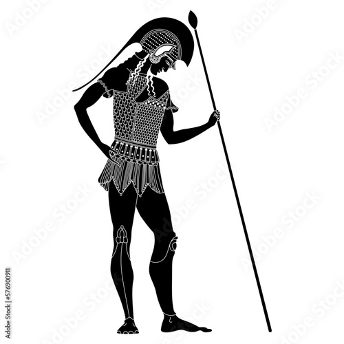 Standing ancient Greek warrior holding a spear. Vase painting style. Black and white negative silhouette.