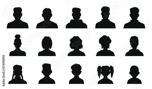 Avatar silhouettes, children, human and senior profiles, vector head portrait icons. Person avatar silhouettes of woman, man, girl and boy for faceless photo of user profile or social net picture