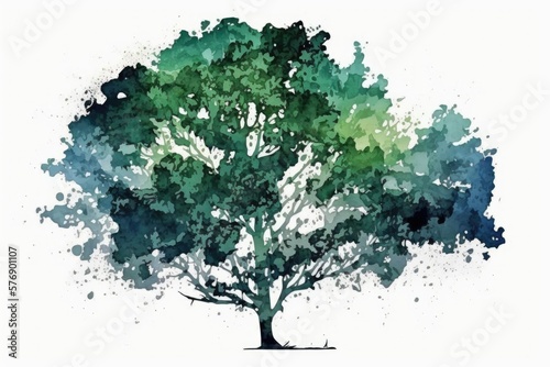 watercolor abstract of a green tree silhouetted against a white background; use in landscape or architectural design; garden or environmental element; tree elevation background. Generative AI