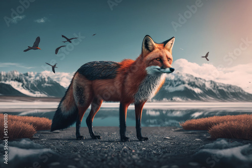Photorealistic ai artwork of a red fox in the snow. Generative ai. © JG Marshall