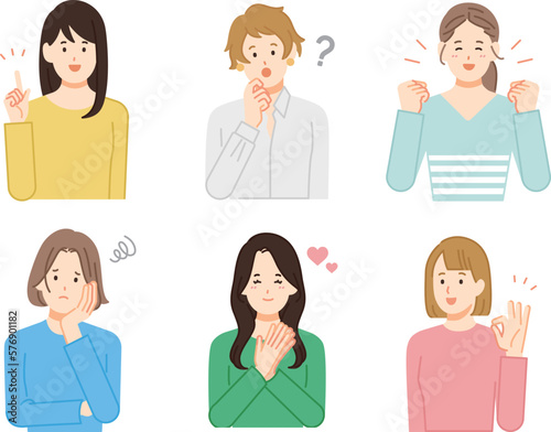 さまざまな表情の若い女性 上半身 セット