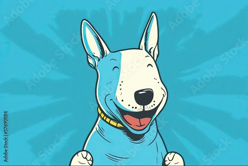Foto Blue backdrop with a smiling bull terrier