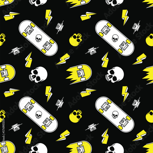 skateboarding seamless pattern. skate background. vector illustration. pattern design with skate board, skull, lightning