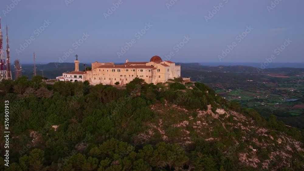Sunset over Monteo Toro mountain in Spain. Aerial drone footage flying over castle Sunset over Monteo Toro mountain in Spain. Aerial drone footage flying over castle