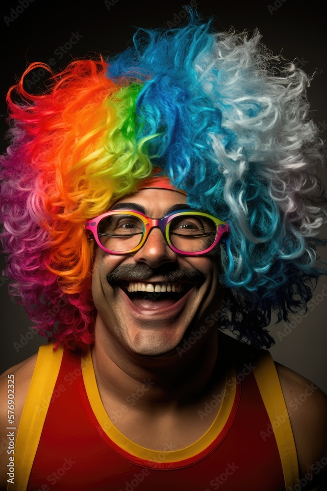 Beautiful Portrait of a Happy and Playful Hispanic Man Wearing a Vibrant Rainbow Wig and Oversized Glasses in Celebration of April Fool's Day like a Clown (generative AI