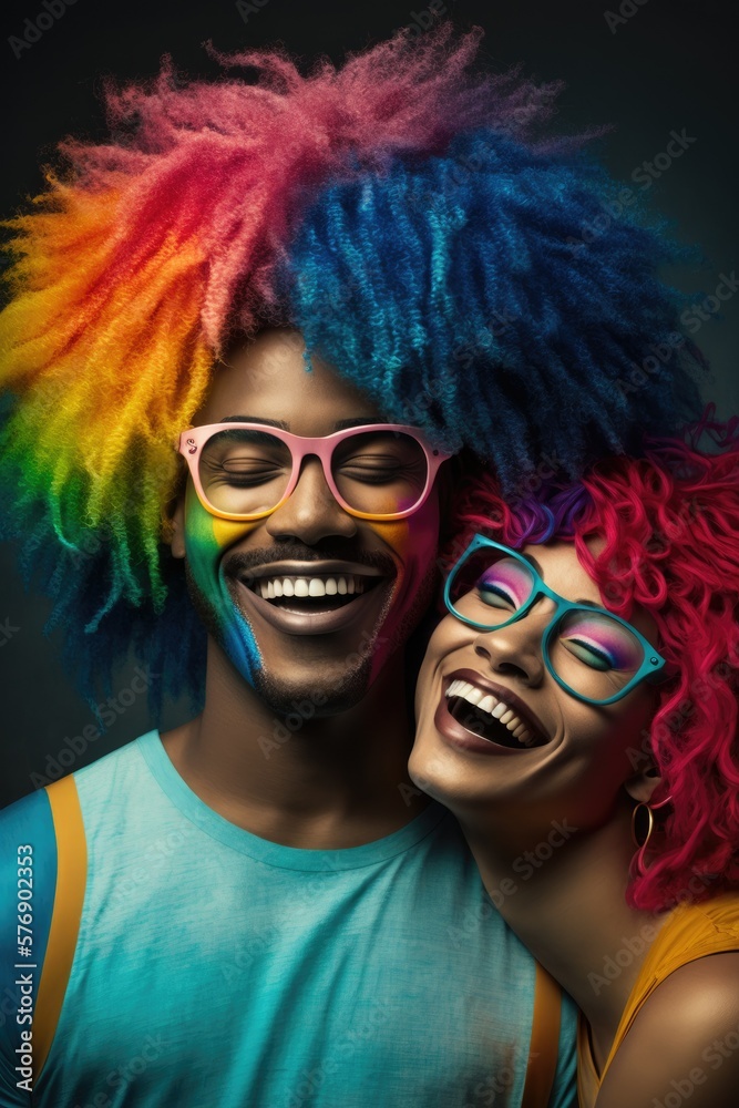 Beautiful Portrait of a Happy and Playful Multiracial Men and Women Wearing a Vibrant Rainbow Wig and Oversized Glasses in Celebration of April Fool's Day like a Clown (generative AI