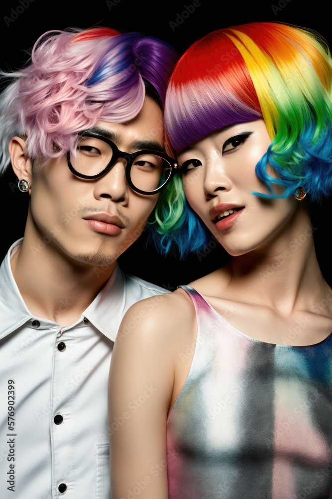 Beautiful Portrait of a Happy and Playful Asian Men and Women Wearing a Vibrant Rainbow Wig and Oversized Glasses in Celebration of April Fool's Day like a Clown (generative AI Beautiful Portrait of a Happy and Playful Asian Men and Women Wearing a Vibrant Rainbow Wig and Oversized Glasses in Celebration of April Fool's Day like a Clown (generative AI