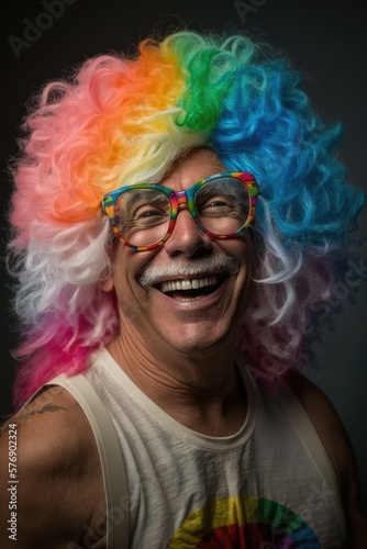 Beautiful Portrait of a Happy and Playful Hispanic Man Wearing a Vibrant Rainbow Wig and Oversized Glasses in Celebration of April Fool's Day like a Clown (generative AI