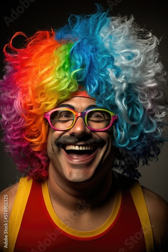 Beautiful Portrait of a Happy and Playful Hispanic Man Wearing a Vibrant Rainbow Wig and Oversized Glasses in Celebration of April Fool's Day like a Clown (generative AI